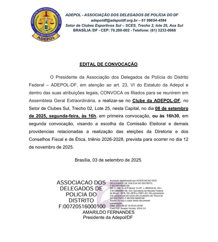 Edital de convocação da Adepol-DF — setembro de 2025