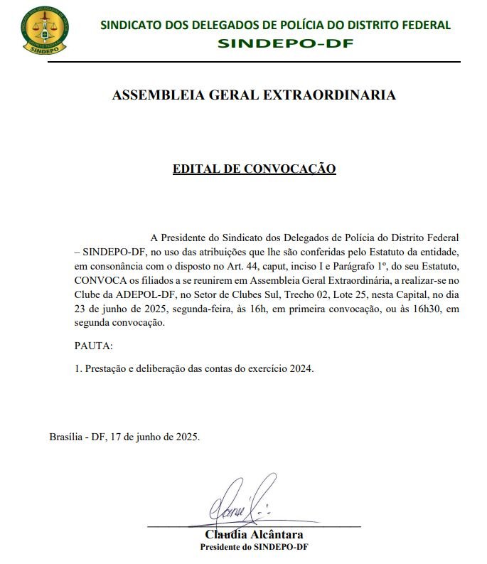 Edital de convocação do Sindepo-DF — junho de 2025