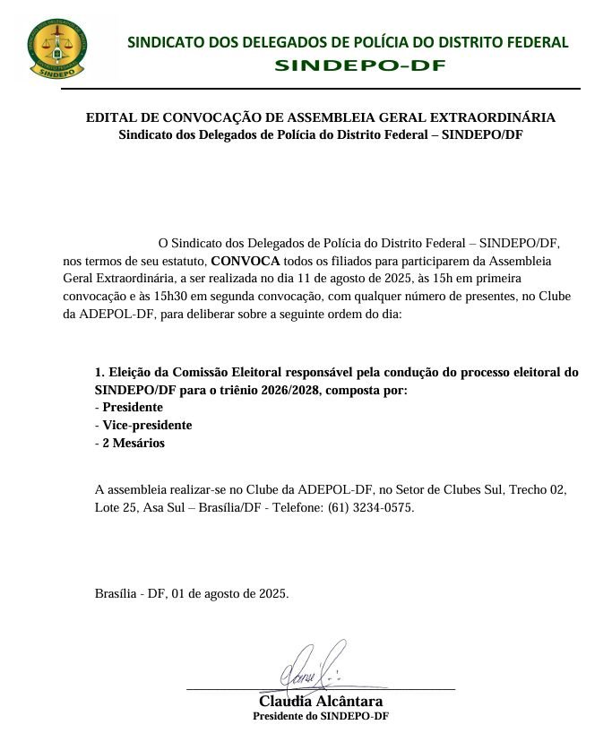 Edital de convocação do Sindepo-DF — agosto de 2025