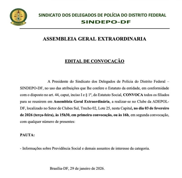 Edital de convocação do Sindepo-DF — janeiro de 2026