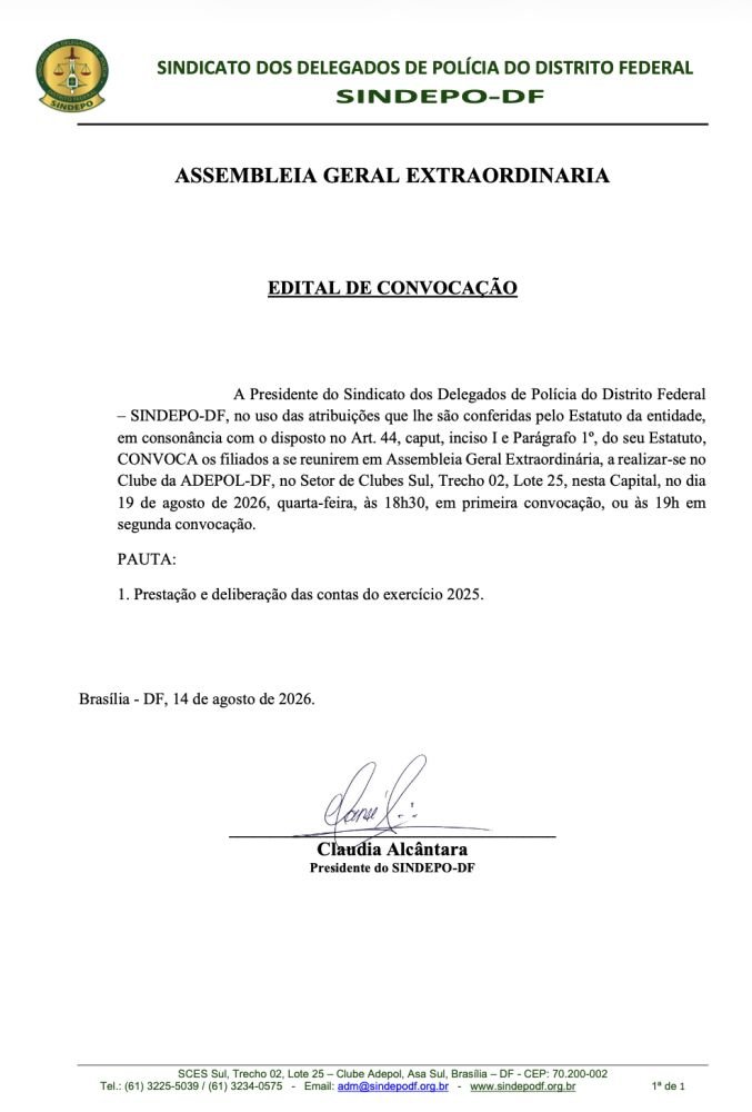 Edital de convocação do Sindepo-DF — agosto de 2026